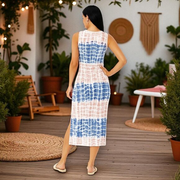 π Boho Casual Tie-Dye Midi Summer Dress Sleeveless Soft Knit Color Block Look - Picture 3 of 13